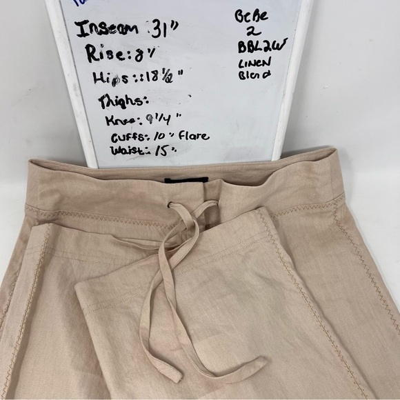 Y2K Bebe Ivory Wide Leg Linen Blend Slacks Size 2 Gold Stitching Salvedge Edge - Picture 7 of 14